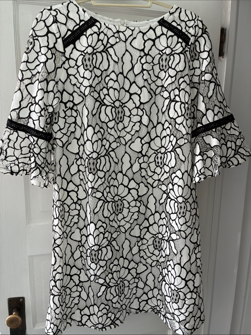 Beautiful White Dress with Black and White Floral Lace Overlay